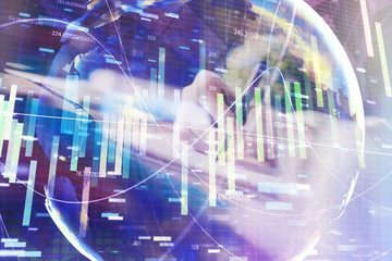 International business hud over woman's hands writing background. Concept of hard work. Double...