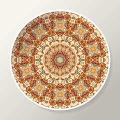 Decorative plate with mandala in ethnic style. Oriental round ornament with flowers and birds.