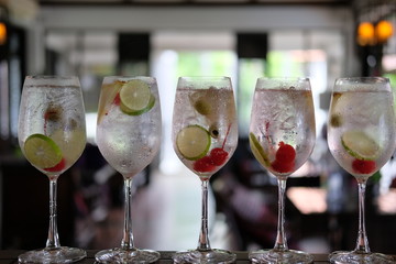 Gin tonic alcoholic drinks on counter bar