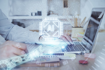 Businessman working on Laptop with technology theme drawing. Concept of big data. Double exposure.