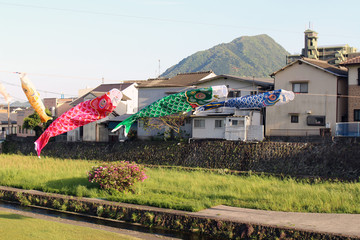 Fototapeta na wymiar Japanese koinobori flying koi carp fish in Beppu during Golden Week