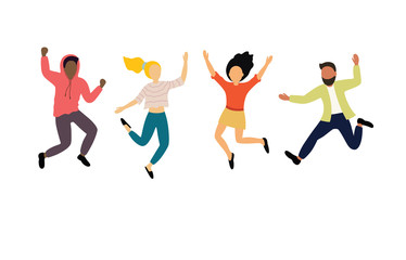 Group of young happy dancing people or male and female dancers isolated on white background. Smiling young men and women enjoying dance party.