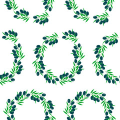 Black olive seamless pattern fruits, green leaves on white flat design element stock vector illustration for web, for print, for packaging, for product design, for tabelclouse fabric