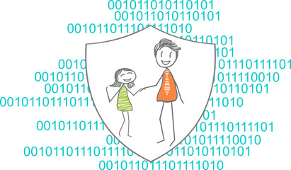 Illustration of a family in a shield on lines of code