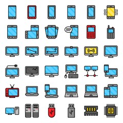 Electronic device vetor illustration set, filled icon editable stroke