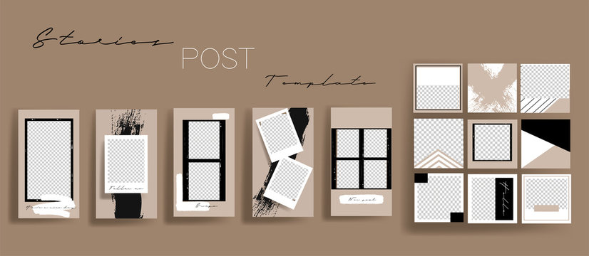  Design Backgrounds For Social Media Banner.Set Of Instagram Stories And Post Frame Templates.Vector Cover. Mockup For Personal Blog Or Shop.Layout For Promotion.Endless Square Puzzle.