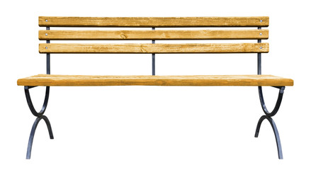 Brown wooden bench with a backrest and a curved  metal legs, isolated on white background (design element)