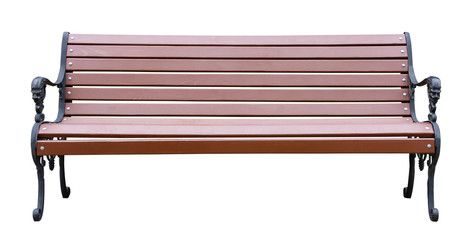 Brown wooden bench with a decorative ornate metal legs and armrests, isolated on a white background