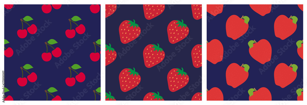 Wall mural Cherry, strawberry and apple. Fruit and berry seamless pattern set. Fashion design. Food print for clothes, linens or curtain. Hand drawn vector sketch background collection