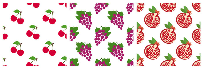 Cherry, grapes and garnet. Garden fruit and berry seamless pattern set. Fashion design. Food print for clothes, linens or curtain. Hand drawn vector sketch background collection