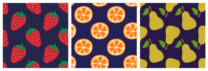 Strawberry, orange slice and pear. Fruit and berry seamless pattern set. Fashion design. Food print for clothes, linens or curtain. Hand drawn vector sketch background collection