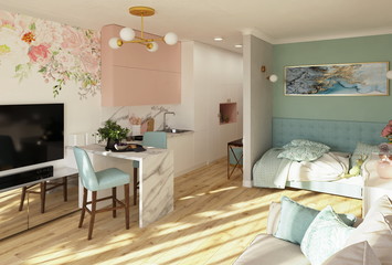 Cozy light modern studio apartment in pink and turquoise colors, 3d render