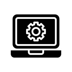Gear icon on laptop vector, Digital marketing solid style icon