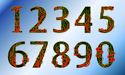 Arabic numerals from zero to nine in the style of the blood tree