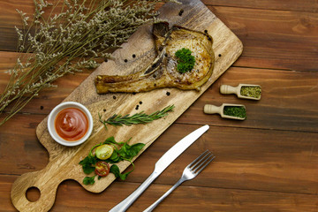 Top view beef steak with spices on cutting board and copy space Background Textures concept.