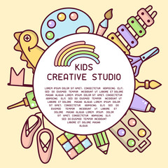 Creative studio round  placard with place for your text.  Suitable for advertisement or information bannerr decor