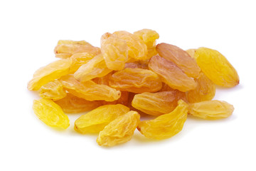 Yellow golden raisins isolated on white background