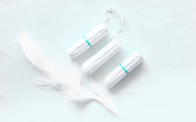 The concept of critical days, menstruation. Isolated tampons on white background, closeup. Ease on critical days.