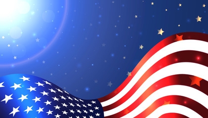National USA flag on background the shining sky with stars. USA national holiday. Vector background for American Independence day, veterans or memorial day. Template design element