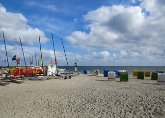 Föhr Surfstrand, Wolken, Nordsee, Insel, Segelboote, Strandkorb, 