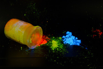 Luminescent organic materials in the form of a powder inside a glass bottleand and around it .