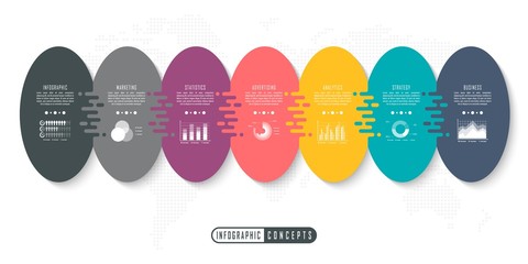 Vector infographics template for chart, diagram, web design, presentation, workflow layout. Business concept with 7 options, parts, steps or processes