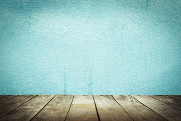 empty wooden on backdrop blue cement surface texture of concrete. Wood table top. can used for...