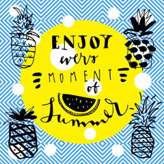 Enjoy Every Moment Of Summer card with palm trees, watermelon and pineapples