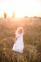 Fototapeta na wymiar Cute little girl with blond hair in a summer field at sunset with a white dress