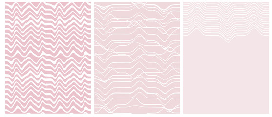 Simple Irregular Geometric Vector Patterns and Layout. White Abstract Waves Isolated on a Light Pink Background. Funny Repeatable Striped Vector Design for Fabric, Wrapping Paper, Cover, Printing.