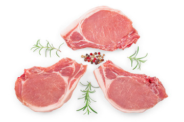 sliced raw pork meat with rosemary isolated on white background. Set or collection. Top view. Flat lay