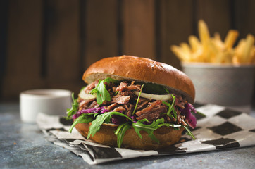 Pulled pork burger with french fries