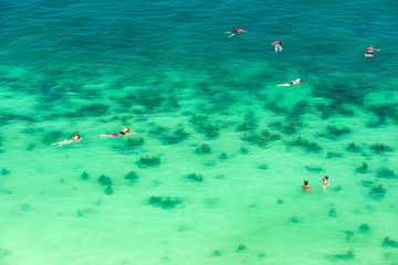 Aerial view of tourists snorkeling in a tropical sea.