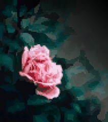 Pixel art with tender rose bush. Print. Abstract mosaic rose flower with green petals on black background