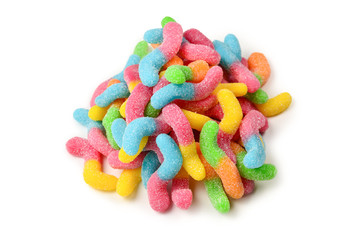 Juicy colorful jelly sweets isolated on white. Gummy candies. Snakes.