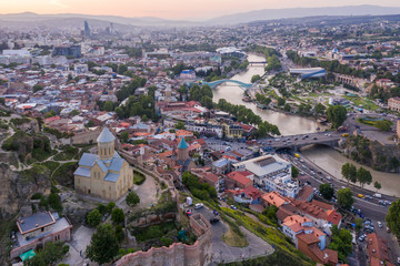 Fototapeta premium Aerial view of Church and Narikala Fortress in Tbilisi. Georgia.
