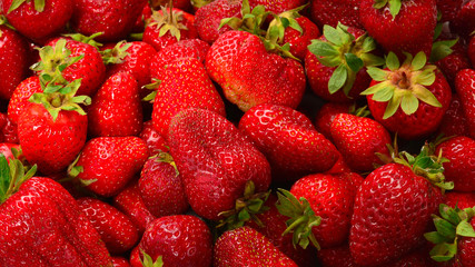 Strawberry. Fresh berries macro. Fruit background. Top view.