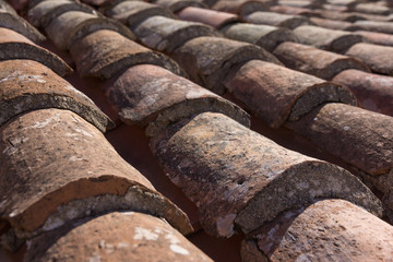 Mediterranean style old roof tiles background. Architectural ele