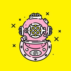 Pink retro deep sea diving helmet line icon on yellow background. Nautical vintage scuba gear graphic. Vector illustration.