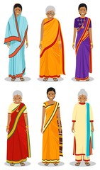 Indian woman. Set of different standing old, adult and young women in the traditional national clothing isolated on white background in flat style. Differences people in the east dress. Vector.