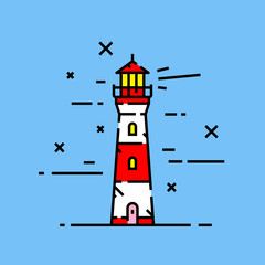 Red and white lighthouse line icon on blue background. Coast light house beacon tower at night graphic. Vector illustration.