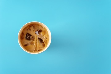 Top view of ice coffee in bamboo cup
