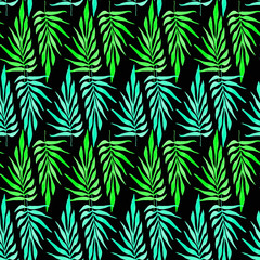 Geometric ornament with blue and green twig on black background. Seamless pattern  with branch. Herringbone pattern 