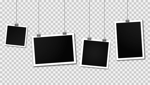 Vintage photo frames hanging on a clips. Set of photo frames. Realistic detailed photo icon design template. Blank photo frame hanging on a line. Vertical and horizontal template photo design