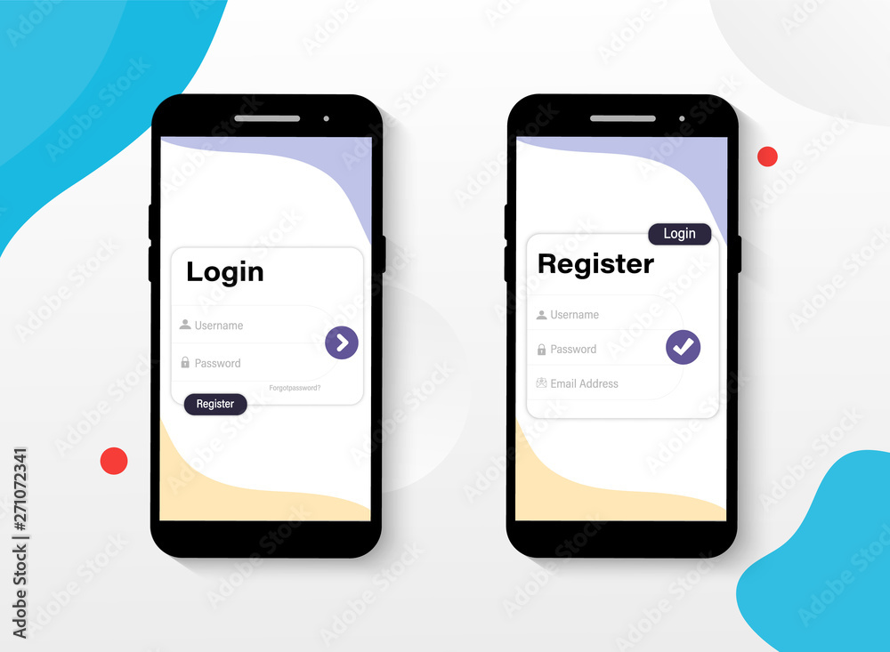 Poster website ui vector elements. log in and sign up ui ux on smartphone screen. sign in and sign up form 