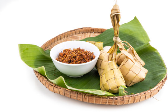 Ketupat, Lemang, Served With Serunding, Popular Malay Delicacies During Hari Raya Celebration