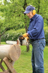 Mann mit elektrischer Motorsäge im Garten
