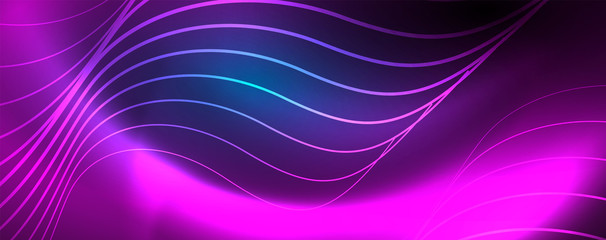 Trendy neon blue abstract design with waves and circles. Neon light glowing effect. Abstract digital background.
