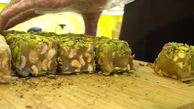 turkish delight; lokum on wooden table in istanbul bazaar