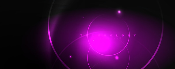 Dark abstract background with bright color neon lights and lines. Glowing background